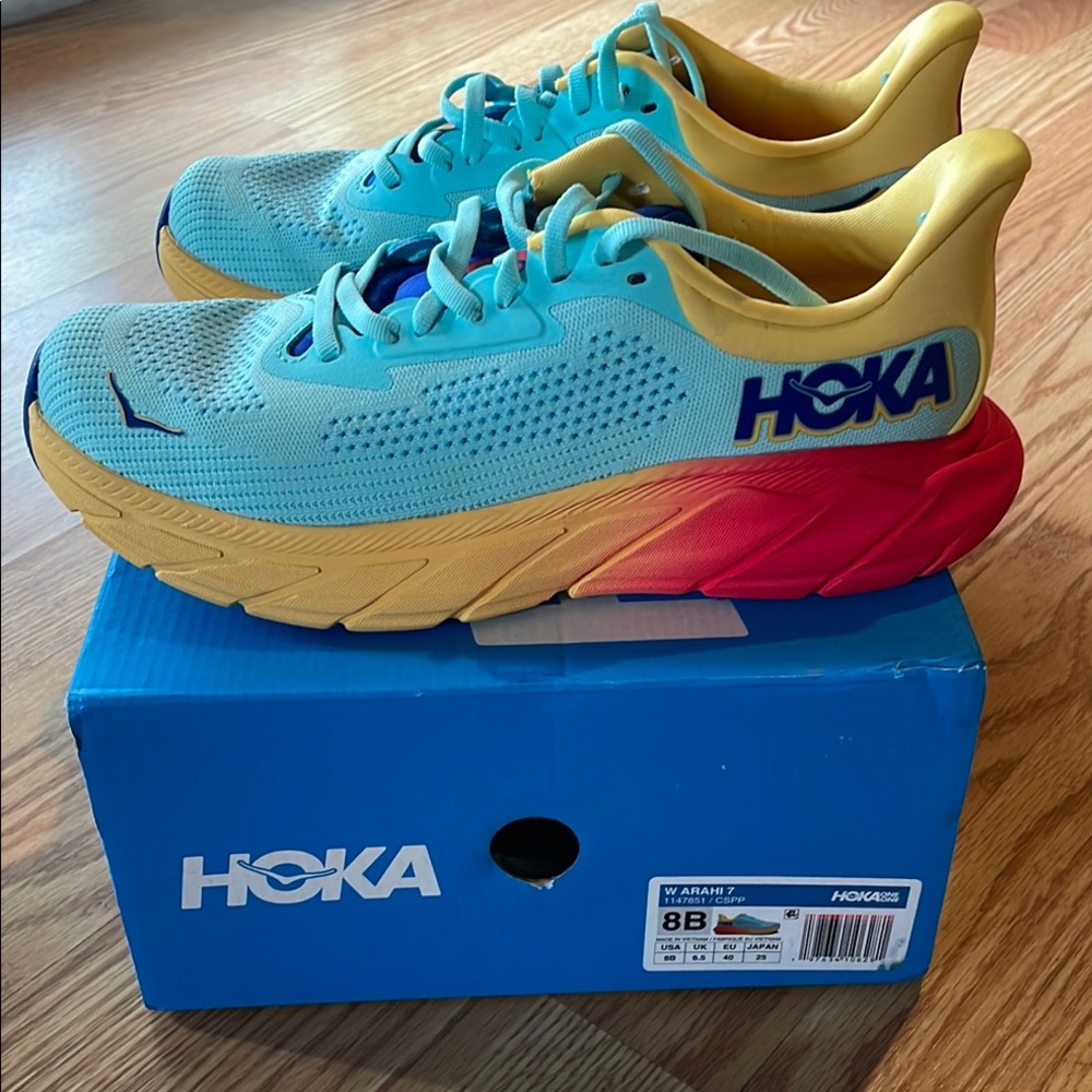 Brightly colored Hoka Turquoise Running Shoes that are vibrant and fun.